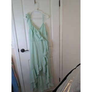 By & By Mint Green Swiss Dot Ruffle High Low Maxi Dress XL Asymmetrical Wedding